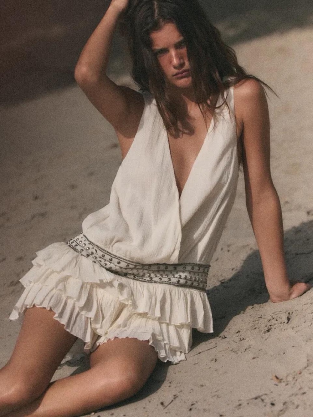 Zara Cream Deep V Ruffled Waistband Romper